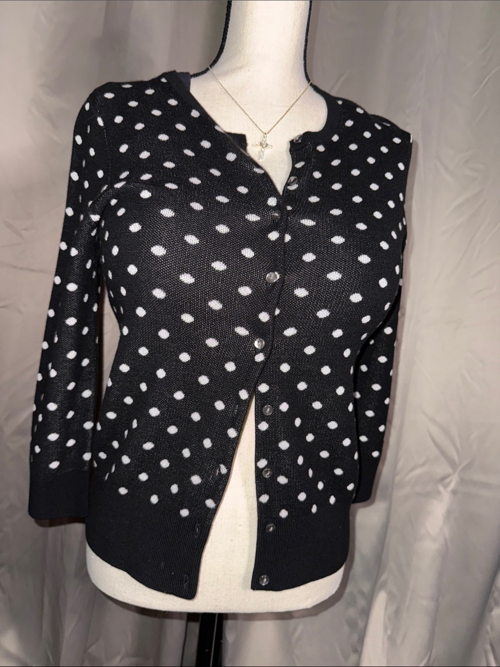 Ann Taylor Black & White Polka Dot Button-Front Cardigan
